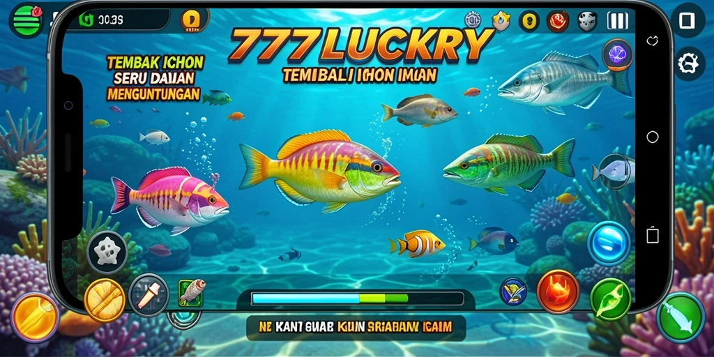 Screenshot permainan 777LUCKY menampilkan aksi menembak ikan.