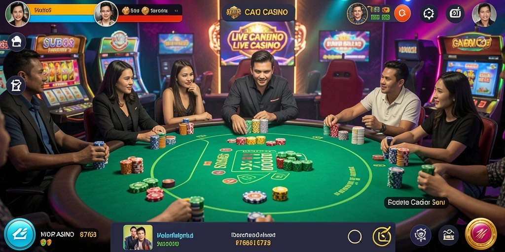 Screenshot gameplay <strong>8768</strong> yang menampilkan dealer langsung dan suasana kasino.