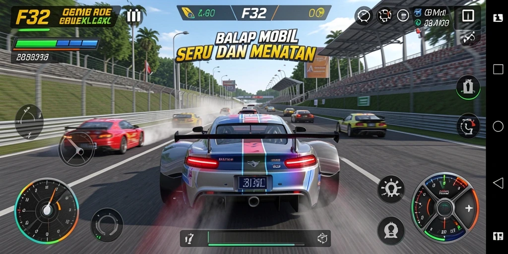 Gameplay balap F32 yang mendebarkan dan kompetitif.