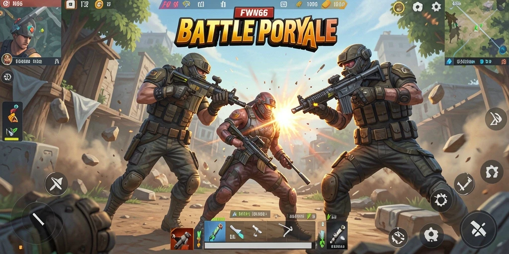 Screenshot utama FW66 menampilkan aksi seru Battle Royale.
