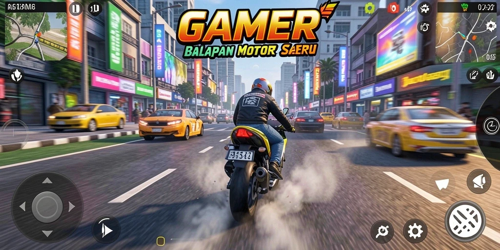 Screenshot GAMERP menunjukkan aksi balapan motor yang mendebarkan.