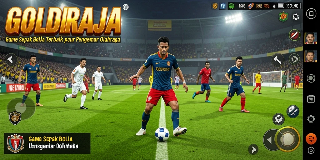 Tangkapan layar gameplay <strong>GOLDRAJA</strong> yang menampilkan aksi sepak bola yang mendebarkan.