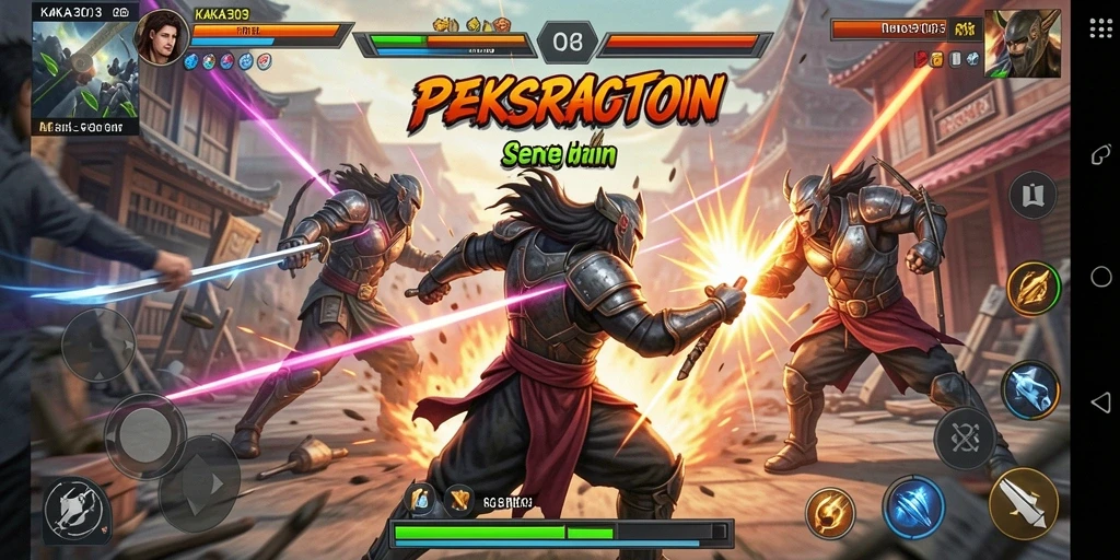 Screenshot menunjukkan pertarungan intens di KAKA303 dengan karakter unik.
