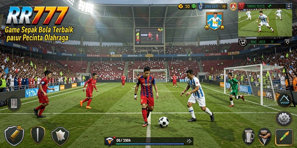 Screenshot gameplay RR777 yang menampilkan aksi di lapangan sepak bola.